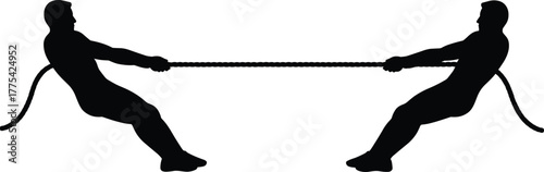 Tug of war silhouette, teamwork challenge, competitive struggle, force and tension concept, sports activity, balance and resistance, vector illustration on white background