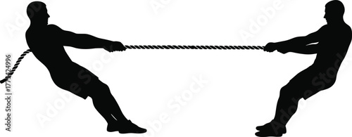Tug of war silhouette, two people pulling rope, teamwork challenge, force and tension concept, competitive struggle, black vector on white background