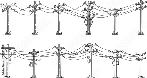 Utility pole silhouette vector illustration, electricity distribution design, power line infrastructure, transformer equipment, electrical system, voltage grid, industrial structure, energy supply