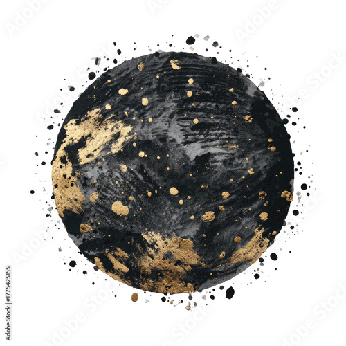 Abstract globe of painted black and gold colors, with splatters on black backdrop