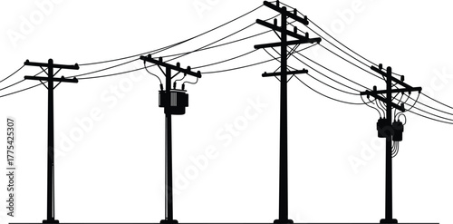 Utility poles vector illustration set, electrical power distribution system with transformers and wires, black and white silhouette infrastructure design for energy network