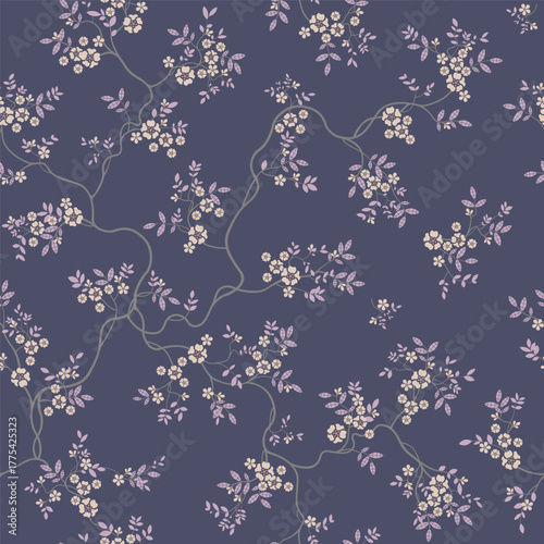 seamless pattern of flowers, branches and leaves