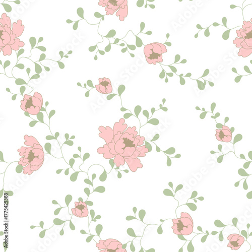 seamless pattern of flowers, branches and leaves