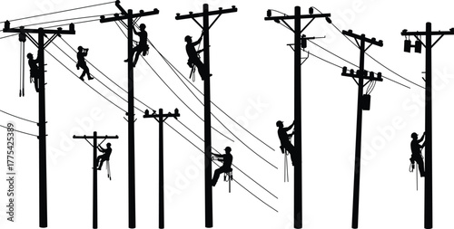 Utility workers climbing power poles, electrical maintenance silhouettes, linemen safety gear, high voltage repair, teamwork in action, infrastructure service illustration, vector art