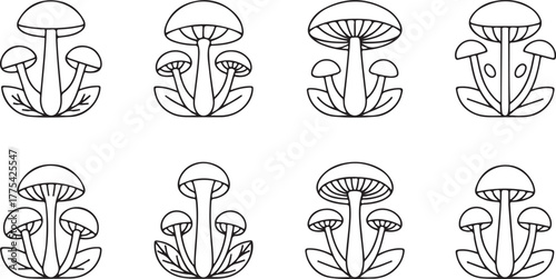 Eight minimalist mushroom line art icons with leaves