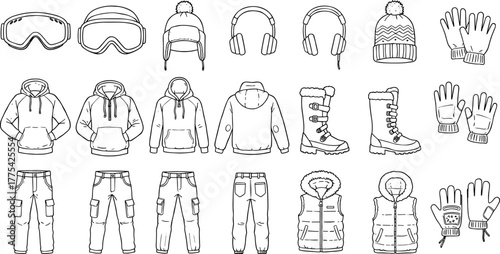 Winter clothing accessories collection, ski goggles, jackets, hoodies, gloves, boots, pants, hats, headphones, vest, seasonal outfit, black and white vector illustration
