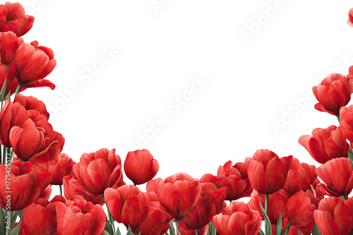 A border of vibrant red tulip blossoms arcs across the lower half of a transparent background