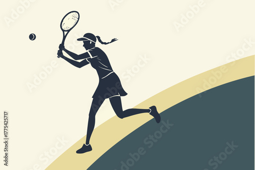 Dynamic silhouette of a female tennis player in action, hitting a powerful forehand shot on a court.