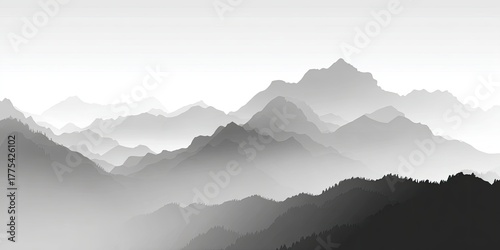Gray-scale mountain range, misty and layered