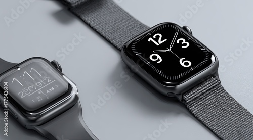 Two gray smartwatches on gray surface