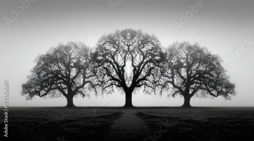 Three bare trees in a foggy field
