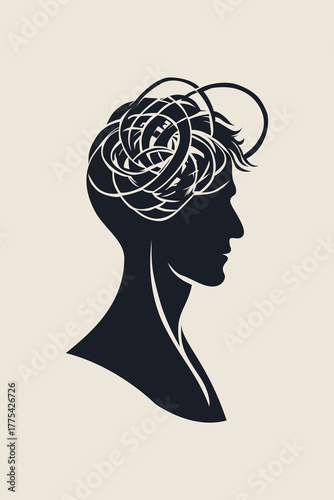 Abstract silhouette of a man with tangled lines inside his head, symbolizing overthinking, anxiety, and mental health struggles in a minimalist conceptual art style.