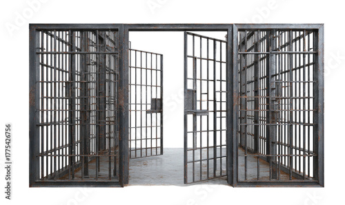 An eerie, dark, open-door jail cell scene. Weathered iron bars and stone floors add to the unsettling atmosphere
