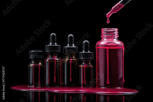Pink liquid drips from dropper bottle and small vials