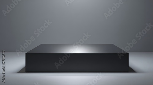 Dark gray, glossy, square platform, centered in a minimalist studio