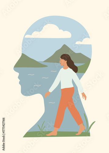 Minimalist vector illustration in double exposure style: a woman walks barefoot in nature. Symbolizes mindfulness, wellness, meditation, self-care, and positive mental health. For blogs, posters.