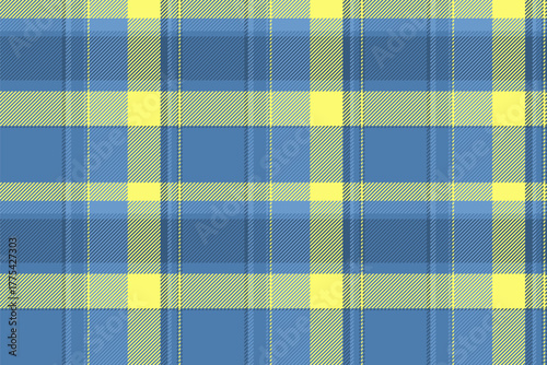 Expensive textile texture vector, deluxe fabric tartan seamless. Funky check pattern background plaid in blue and yellow colors.