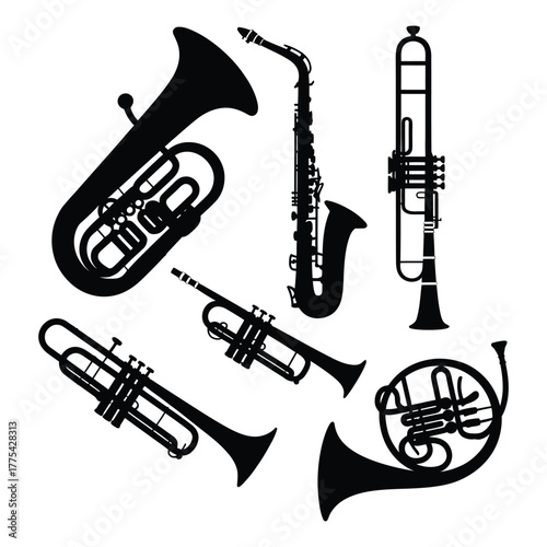 Silhouettes of various brass and woodwind musical instruments