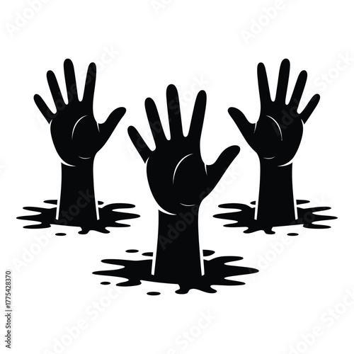 Three black hands reaching out of a white background