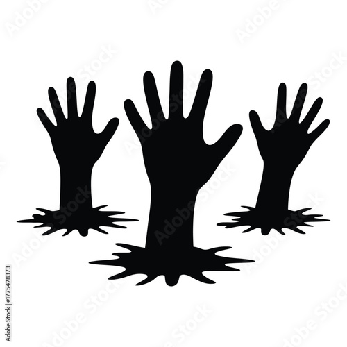 Three black silhouetted hands reaching out of the ground
