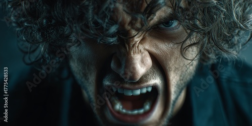  A man with wild hair screams intensely, his face contorted with raw emotion. The dramatic image conveys anger, frustration, and powerful intensity.