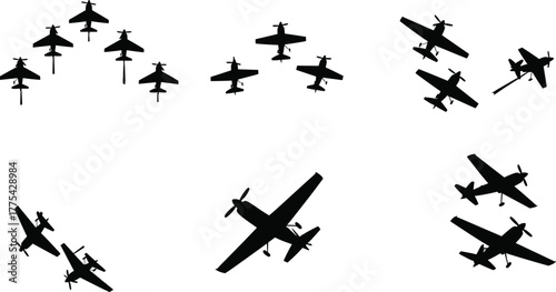Collection of airplane silhouettes in various formations, airplanes, aircraft, planes, silhouette, aviation, flight, travel, transportation, sky, air travel, formation flying, group, collection, multi