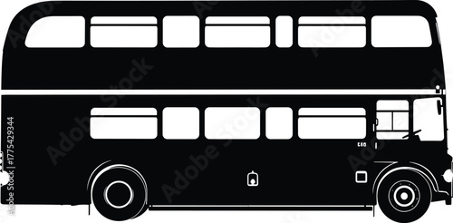Double Decker Bus Silhouette Black and White transport, bus, double decker, transport, vehicle, public transport, city, travel, transportation, silhouette, black and white, side view, isolated, graphi