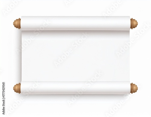 Blank white paper scroll with wooden handles, an ancient manuscript template for messages or historical documents, isolated on a white background