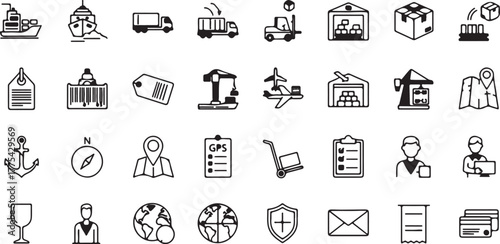 Comprehensive Shipping, Logistics, and Global Delivery Line Icon Set: Cargo Ship, Truck, Warehouse, Forklift, Anchor, Barcode, and Worldwide Transport Vector Graphics. eps