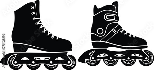 Inline Skates and Roller Skates Silhouette Comparison inline skates, roller skates, sports, modern, right, recreation, graphic, design, skate, pair, skates, comparison, speed, art, silhouette, clean, 