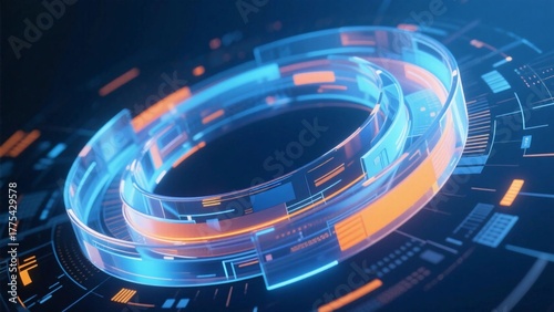 Blue and orange gradient technology, complex light effects form a cycle of interwoven flowing shapes