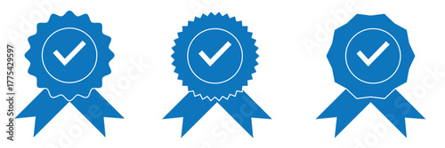 Badge icon. Award sign vector set. Achievement sign set. Checkmark prize reward badge. Winner best reward isolated icon set.