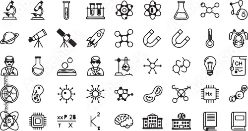 Comprehensive Science, Research, and Laboratory Line Icon Set: Microscope, Test Tubes, Chemistry, Physics, Astronomy, Brain, and Educational Material Vector Graphics. eps