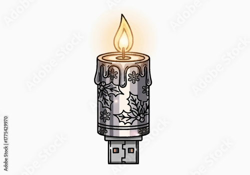 USB flash drive shaped like a candle with a flame and holly design.