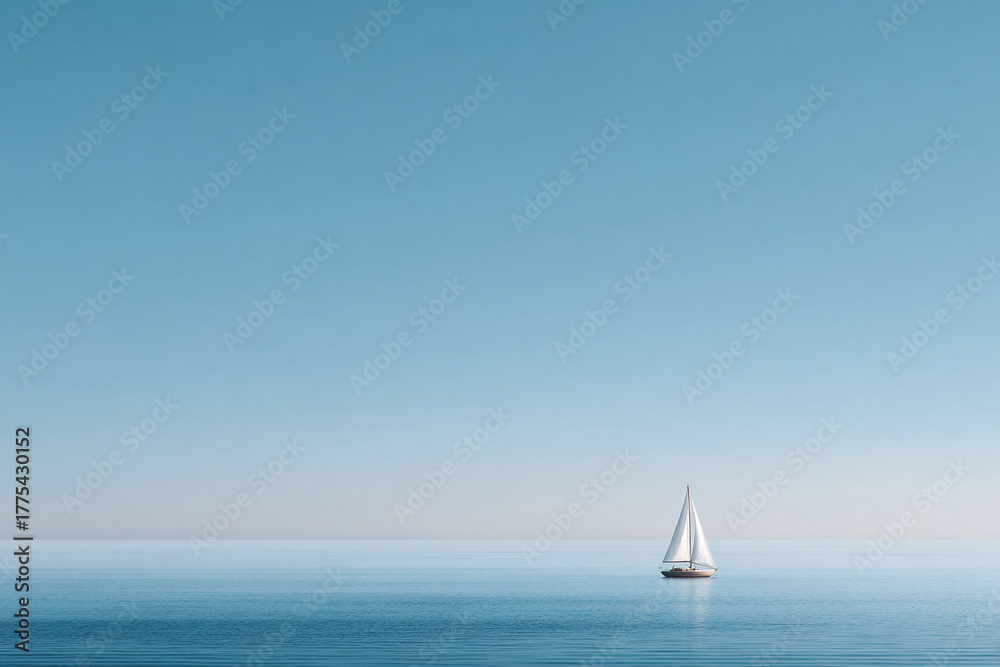 Obraz premium Minimalist seascape featuring a sailboat gliding on calm waters under a clear, serene sky. Represents freedom, tranquility, and escape. Perfect for travel, adventure, or inspirational themes.