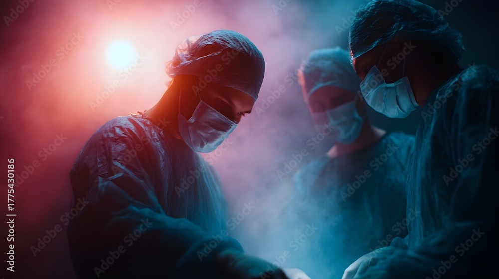 Obraz premium Dramatic surgical ope n in a hazy dimly lit room with red and blue lighting
