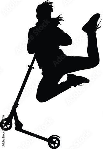 Person jumping on a scooter kick scooter, person, man, jumping, scooter, kick scooter, action, dynamic, silhouette, black and white, extreme sport, recreation, fun, freedom, energy, movement, airborne