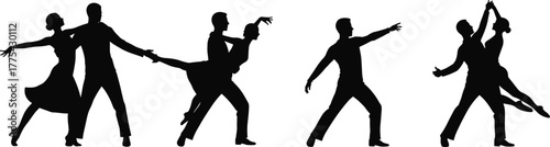 Elegant ballroom dancing silhouettes, five partner pairs performing lifts and turns, f