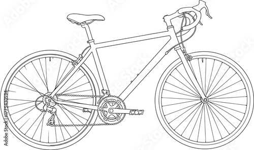 Black and white line art illustration of a modern road bicycle for sport, recreation, and transportation, bicycle, bike, cycling, outline, racing, marathon, race, friendly, sustainable, competition, g