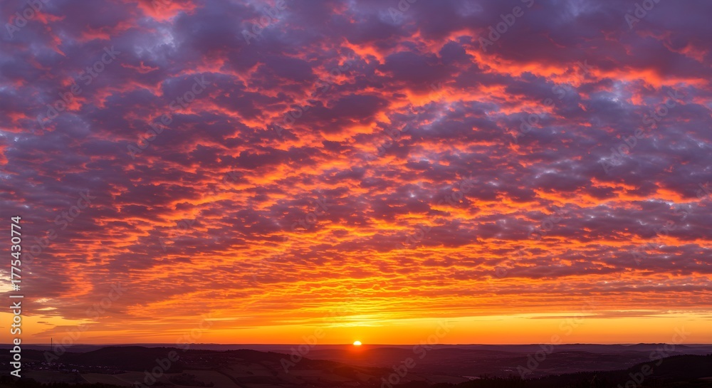 Fototapeta premium Vibrant sunset, orange sky, purple clouds, landscape photography, natural scenery