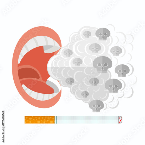 Mouth exhaling smoke with skulls from it. Smoking smoke danger concept