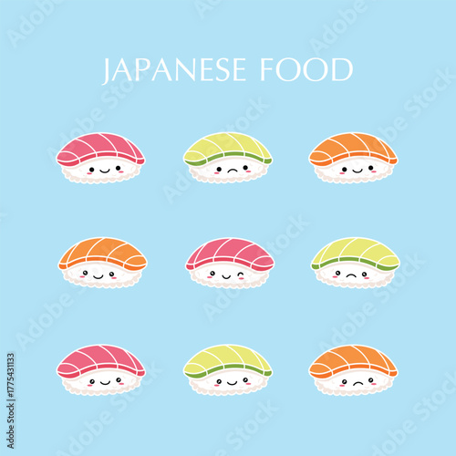 Cute Kawaii Japanese Food Nigiri Sushi Set on Blue Background