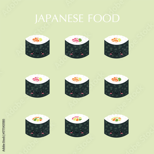 Cute Kawaii Japanese Food Sushi Rolls Maki Set Vector Illustration