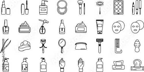 Complete Beauty, Cosmetics, and Personal Care Line Icon Set: Lipstick, Nail Polish, Makeup Tools, Facial Mask, Perfume, and Spa Essentials Vector Graphics. eps