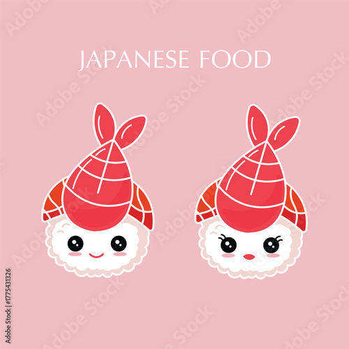 Cute Kawaii Japanese Ebi Nigiri Sushi Shrimp Set Vector Illustration