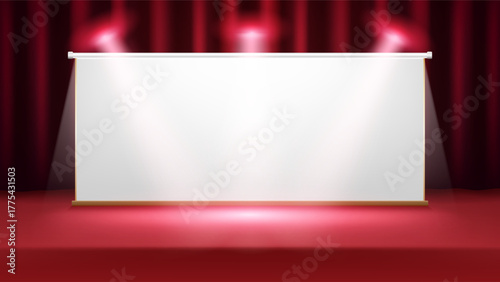 Red stage with white backdrop and spotlight illumination, suitable for presentation or award ceremony background