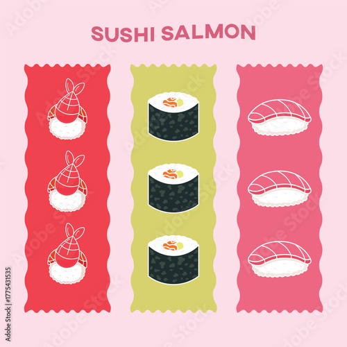 Sushi Salmon and Ebi Nigiri Pattern on Colorful Background Vector