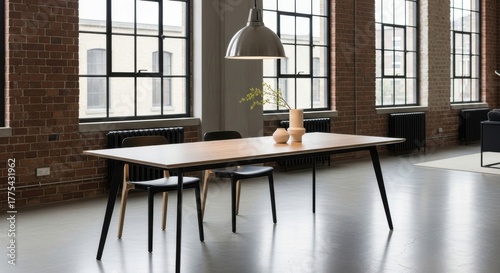 Modern Dining Table in Industrial Loft Minimalist Interior Design with Chairs and Decor