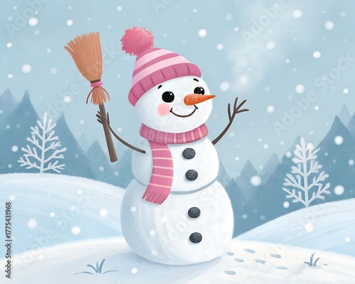 cheerful snowman with pink hat and scarf winter scene  