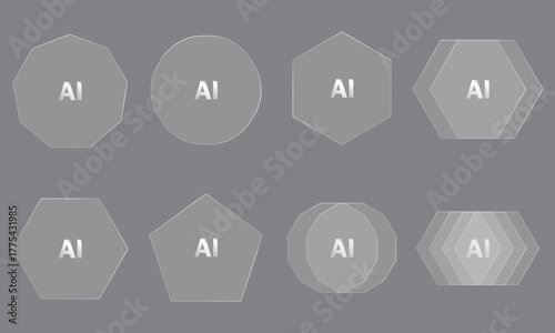 Multiple translucent shapes display the letters AI across a gray background, exhibiting minimalist elements
